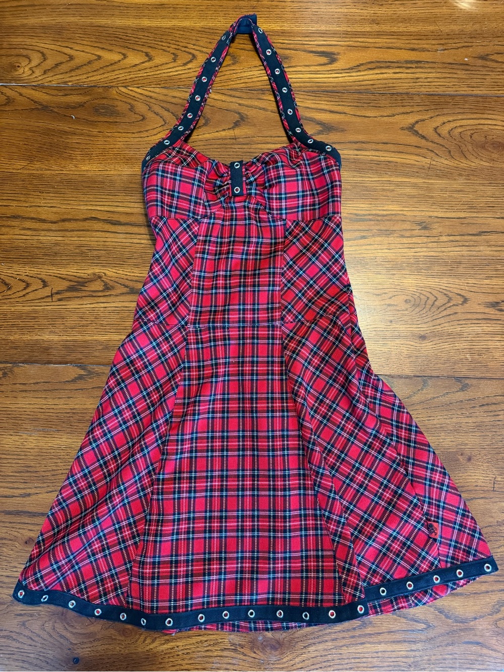 Tripp NYC Red Plaid Halter Dress with Black Eyelet Trim